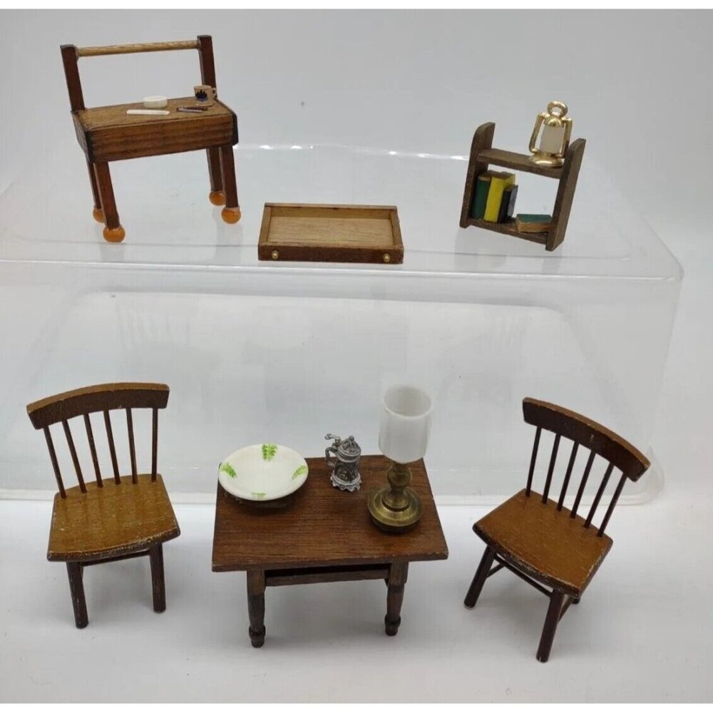 Vintage Dollhouse Furniture Wooden Table 2 Chairs Bookshelf Vanity **READ**